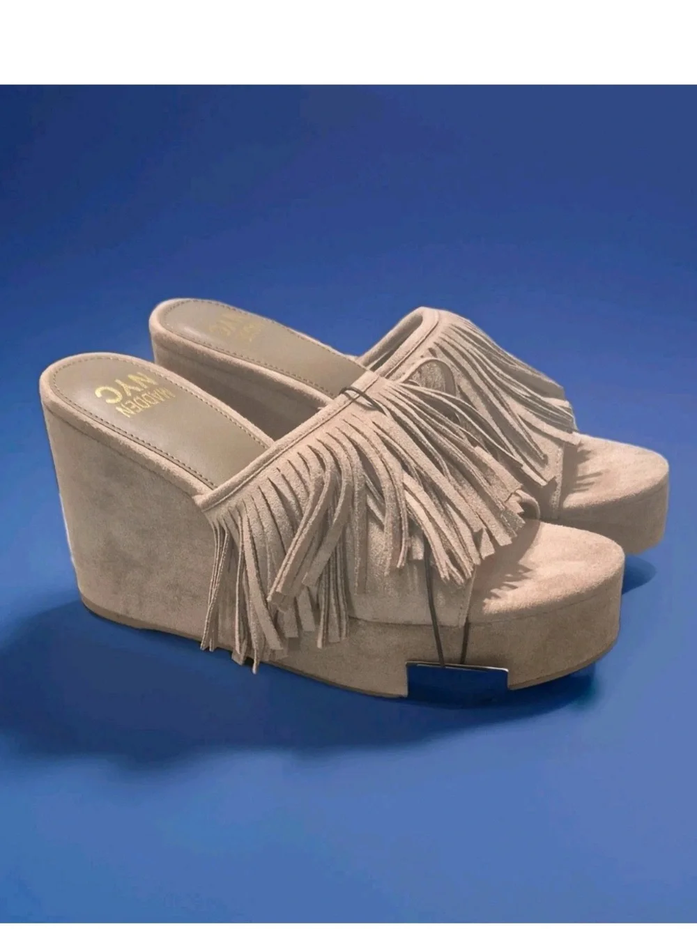 NWT! Madden NYC Women's Fringe Boho Taupe Faux Suede Wedge Platform Sandal Sz 9